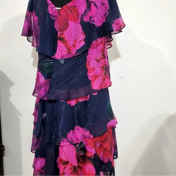 SLNY Womens Floral Flutter Party Sheath Chiffon Dress Black Red Pink Purple 14 - Picture 4 of 12